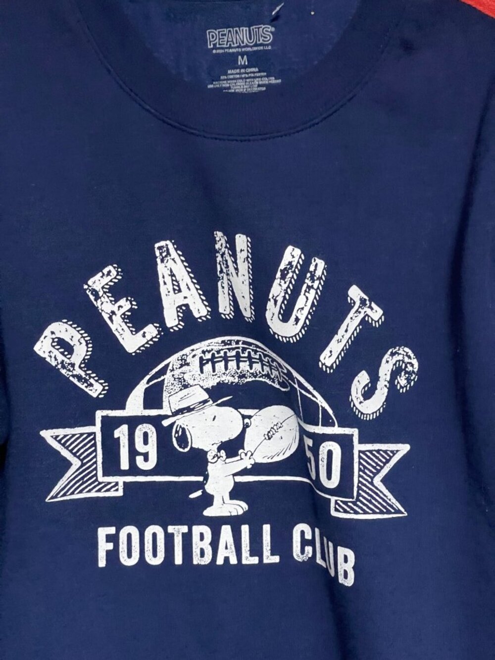 Peanuts Snoopy Football Club Sweatshirt Navy Blue Red Stripes Crewneck M - Picture 2 of 5